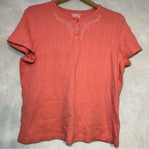 Coral‎ Pink Top Blouse with Embroidered Floral Neckline Size XL Women's Prairie